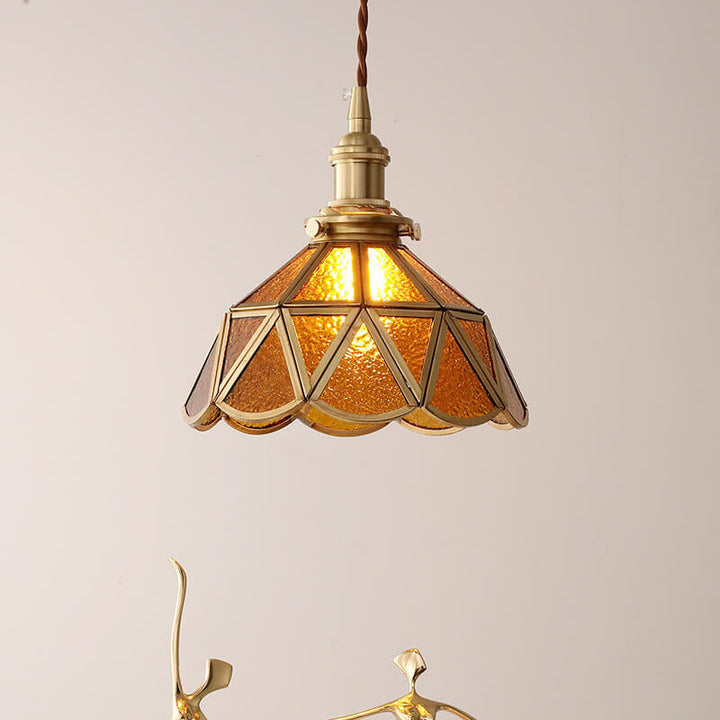 Contemporary Nordic Water Pattern Glass Copper Geometric Cone Brass 1-Light Pendant Light For Living Room