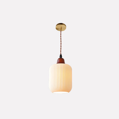 Japanese Vintage Pleated Ceramic Round Dome Wood 1-Light Pendant Light