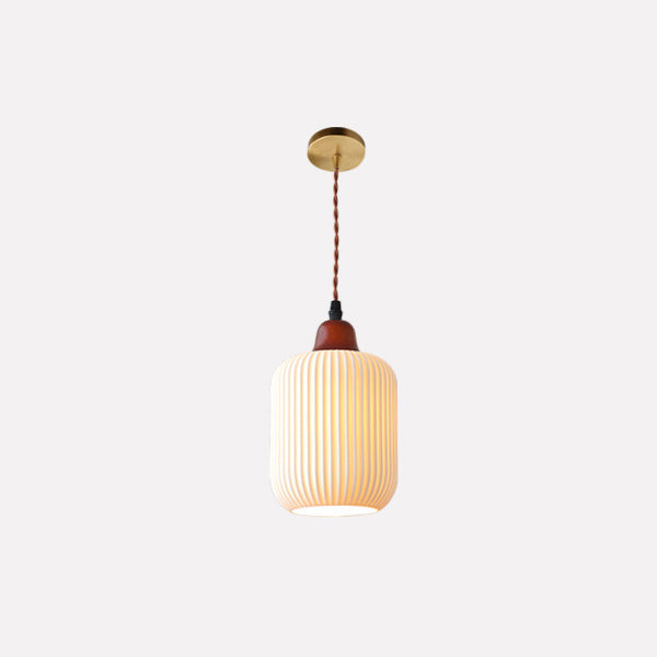 Japanese Vintage Pleated Ceramic Round Dome Wood 1-Light Pendant Light