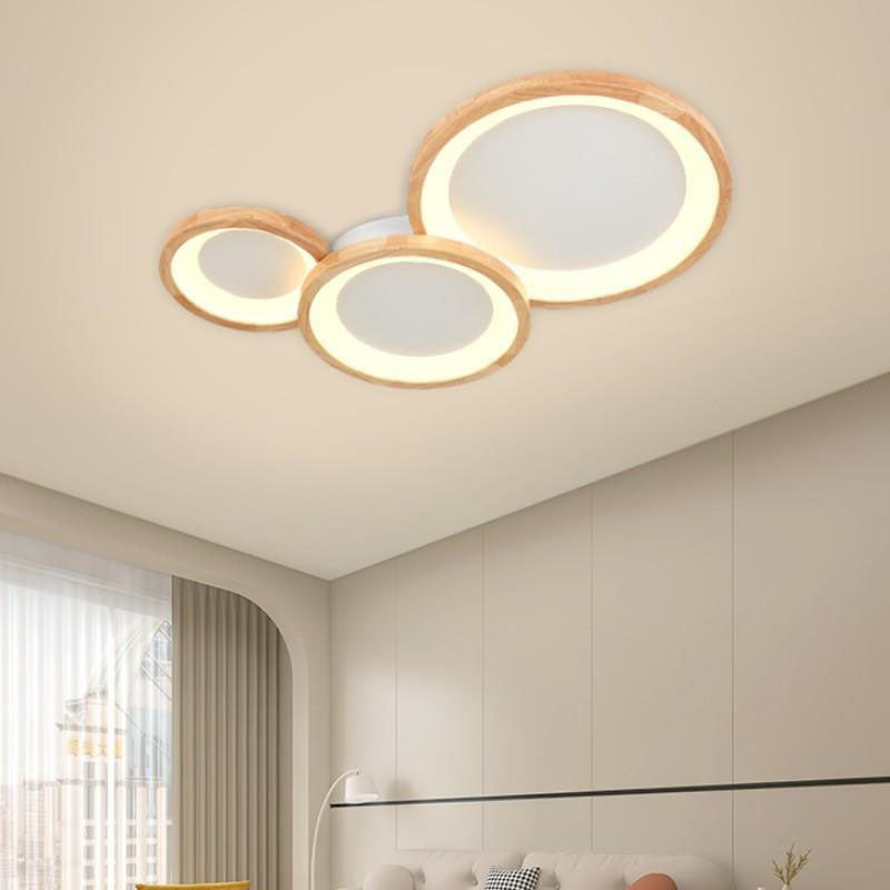 Contemporary Nordic Wood Frame Acrylic Round Shade LED Flush Mount Ceiling Light For Living Room