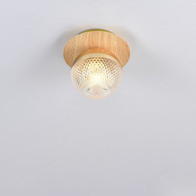 Japanese Minimalist Glass Iron Woodgrain 1-Light Semi-Flush Mount Ceiling Light