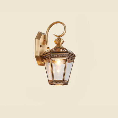 European Modern Hexagonal Lantern Copper Glass Waterproof 1-Light Outdoor Wall Sconce Lamp