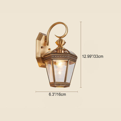 European Modern Hexagonal Lantern Copper Glass Waterproof 1-Light Outdoor Wall Sconce Lamp