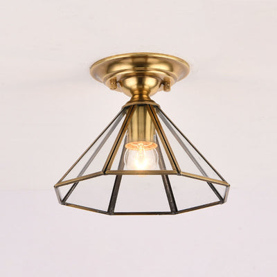 European Luxury Brass Glass Cone 1-Light Semi-Flush Mount Ceiling Light