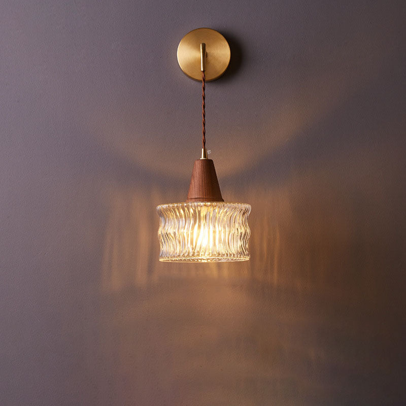 Traditional Japanese Walnut Glass  Copper Cylinder 1-Light Wall Sconce Lamp