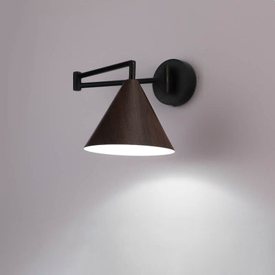 Nordic Minimalist Cone Swing Arm Wood Grain Iron 1-Light Wall Sconce Lamp