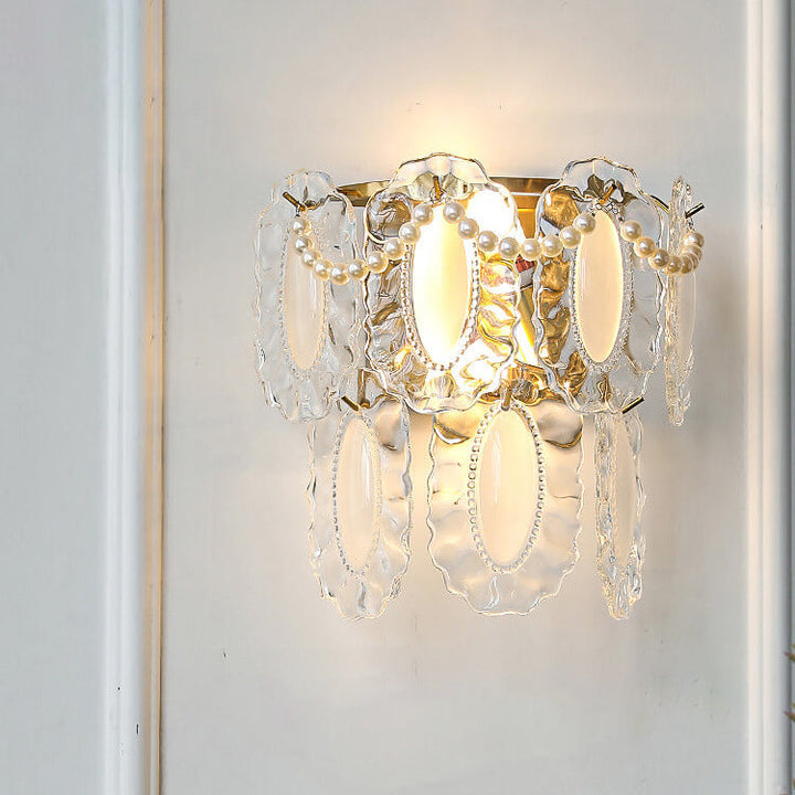 Contemporary Luxury Gold Finish Frame Pearl Water Grain Glass Sheet 2-Light Wall Sconce Lamp For Living Room