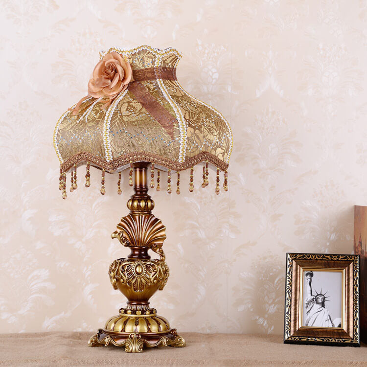 European Vintage Fabric Tassel Resin Court 1-Light Table Lamp