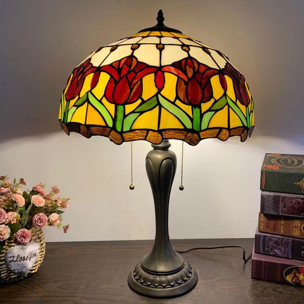 European Tiffany Flowers Stained Glass 2-Light Table Lamp