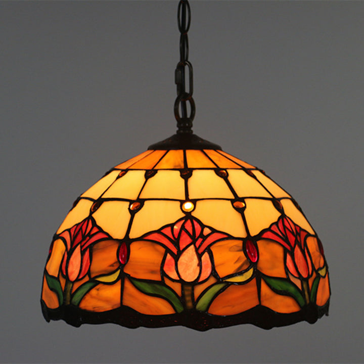 Traditionelle 1-flammige Tiffany-Pendelleuchte mit Blumenmotiv aus Buntglas und Eisenschirm für Wohn- und Schlafzimmer 