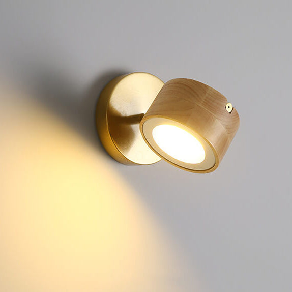 Modern Minimalist Round Iron Rubber Wood LED Wall Sconce Lamp
