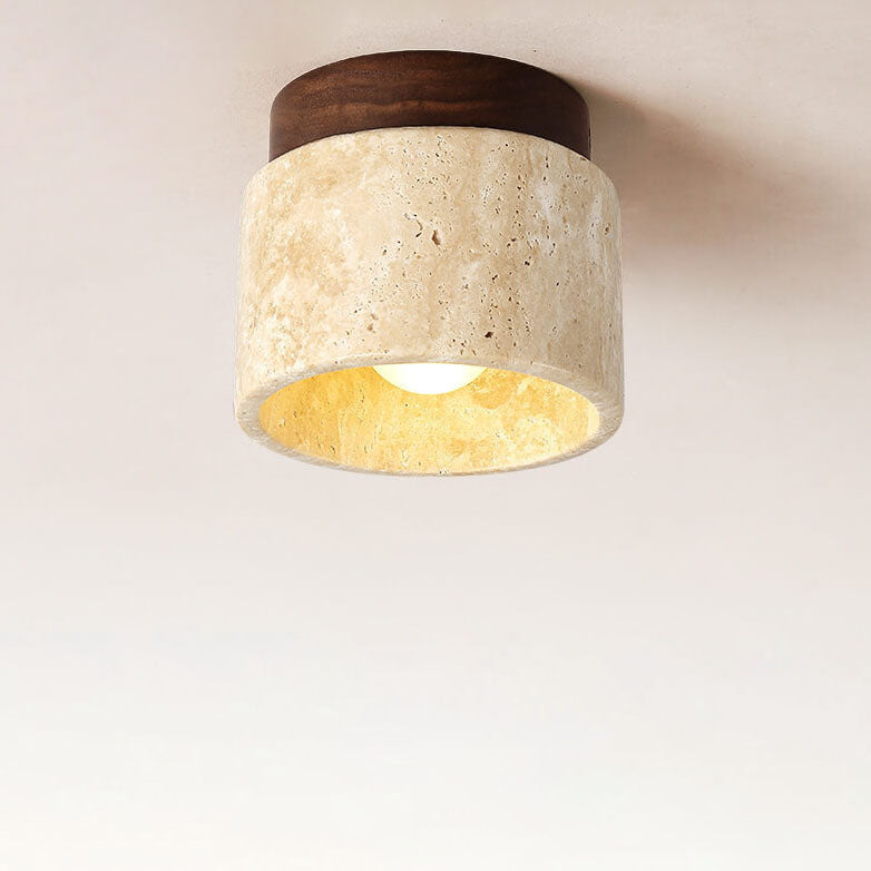 Japanese Minimalist Round Yellow Travertine Shade 1-Light Semi-Flush Mount Ceiling Light