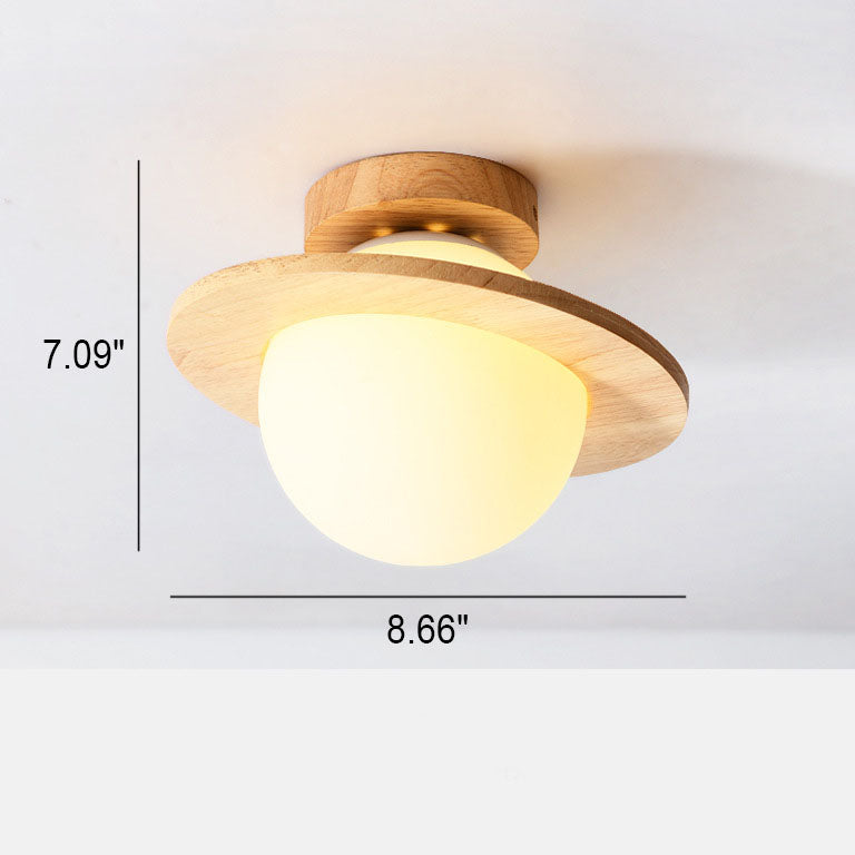 Japanese Minimalist Round Ball Wooden Glass 1-Light Semi-Flush Mount Light