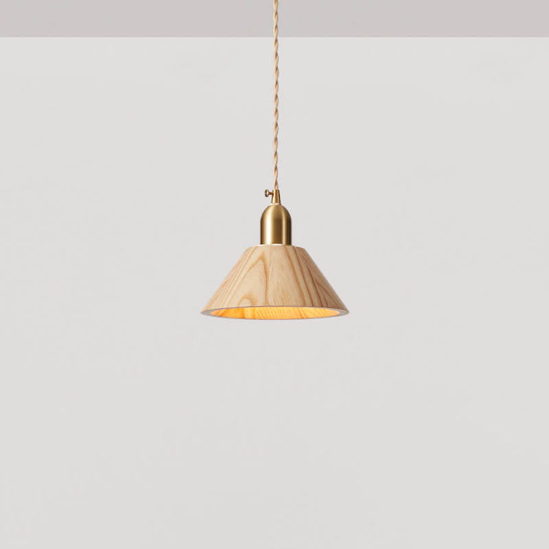 Traditional Vintage Ash Wood Walnut Geometric Round Cone Brass 1-Light Pendant Light for Living Room