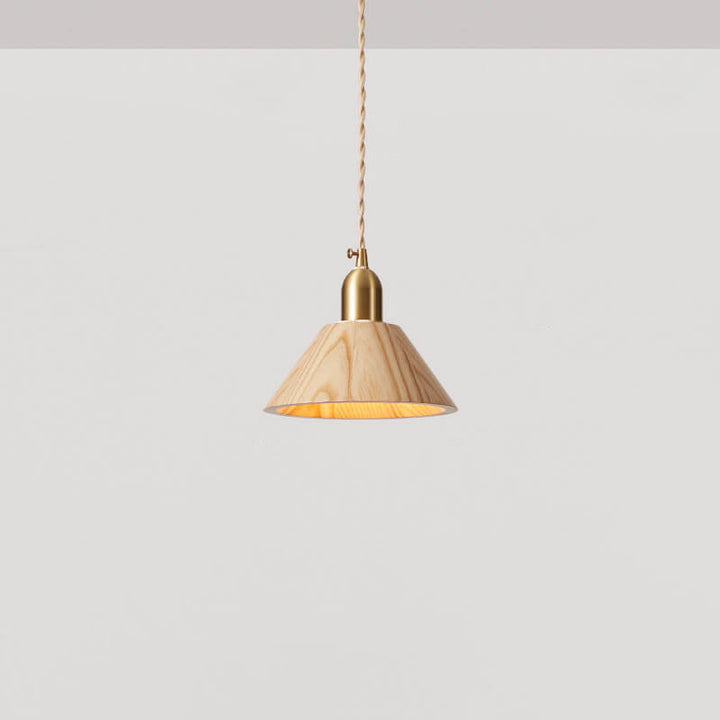 Traditional Vintage Ash Wood Walnut Geometric Round Cone Brass 1-Light Pendant Light for Living Room