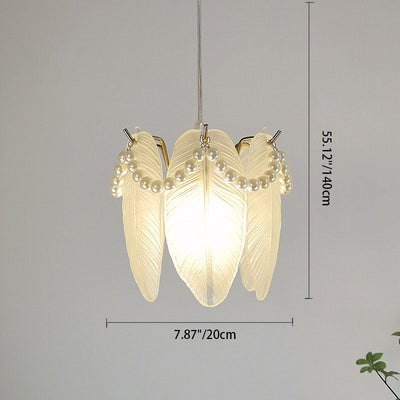 Traditional French Feather Pearl Petal Hardware Glass 1-Light Pendant Light For Bedroom
