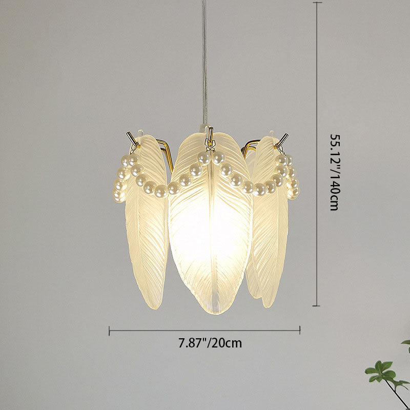 Traditional French Feather Pearl Petal Hardware Glass 1-Light Pendant Light For Bedroom