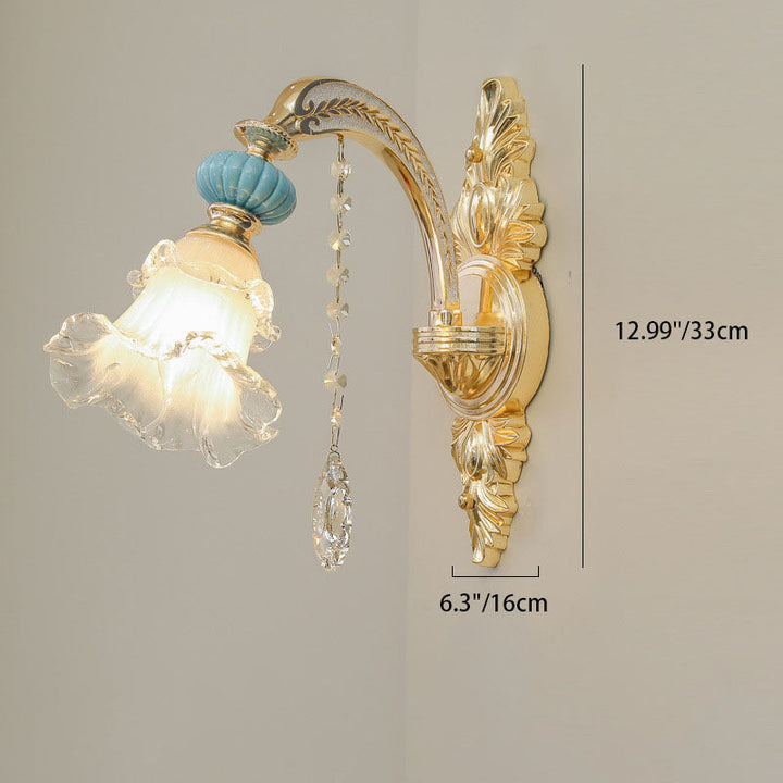 Lámpara de Aplique de Pared de Vidrio Cerámico de Aleación Floral Europea Tradicional 1/2 Luz para Dormitorio 