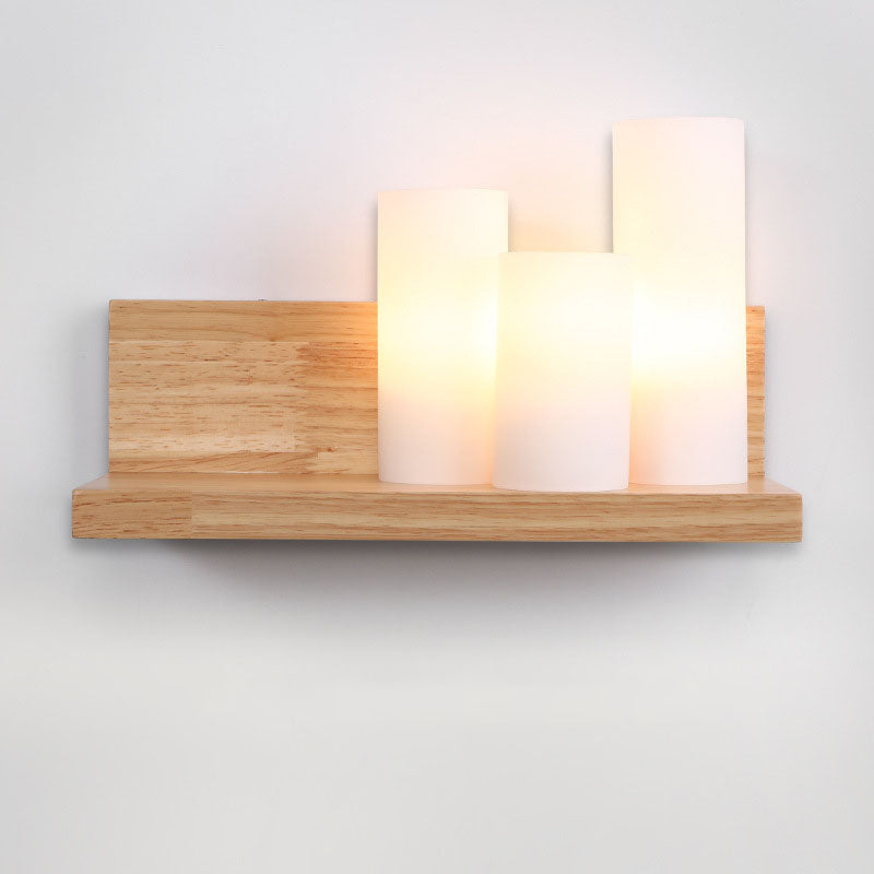 Japanese Minimalist Cylindrical Wooden Glass 1-Light Wall Sconce Lamp