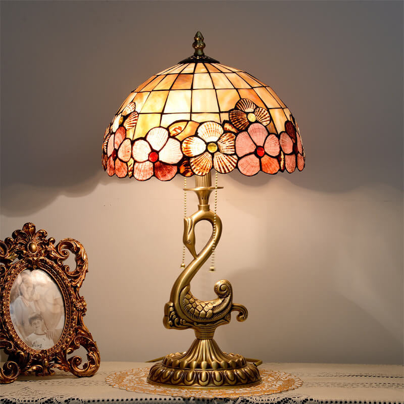 Tiffany Vintage Floral Stained Glass Swan 2-Light Table Lamp