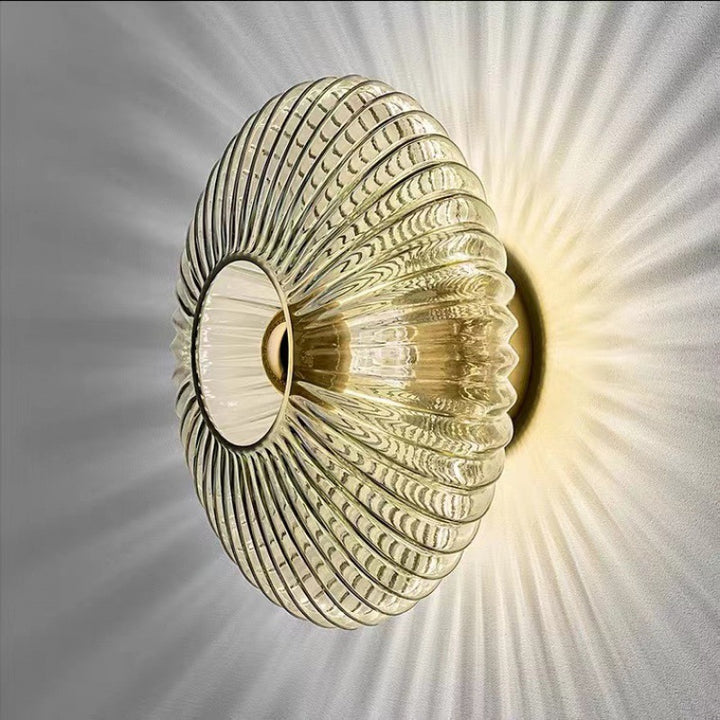 Aplique de pared contemporáneo nórdico de hierro y vidrio estriado con disco redondo de 1 luz para sala de estar 