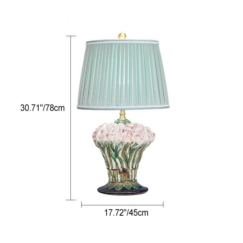 European Idyllic Green Pleated Fabric Ceramic Base 1-Light Table Lamp