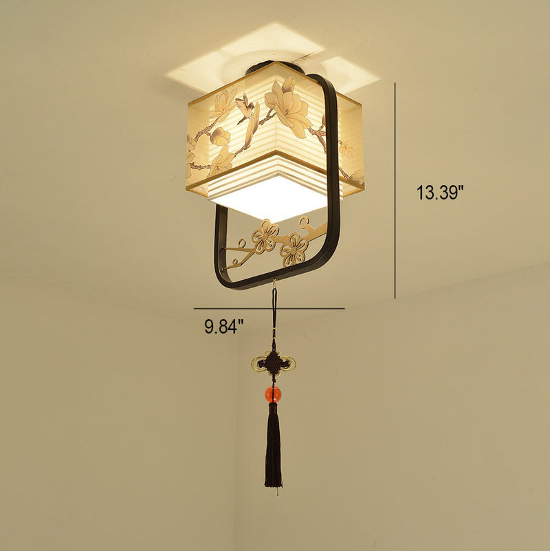 Modern Chinese Fabric Square Magnolia 1-Light Semi-Flush Mount Ceiling Light