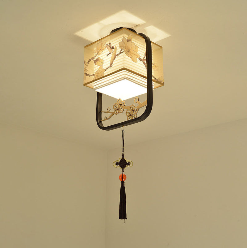 Modern Chinese Fabric Square Magnolia 1-Light Semi-Flush Mount Ceiling Light