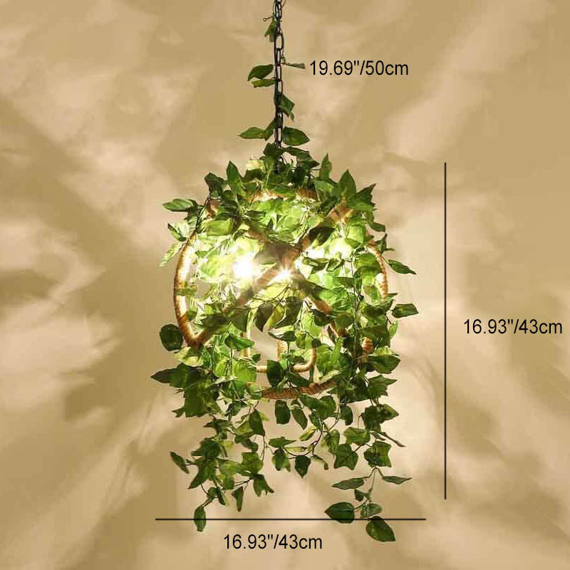 Industrial Vintage Simulation Of Greenery Cherry Blossoms Iron Hemp Rope 3-Light Chandelier