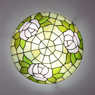 Tiffany Orchid Rose Stained Glass Round 2/3/4 Light Flush Mount Ceiling Light