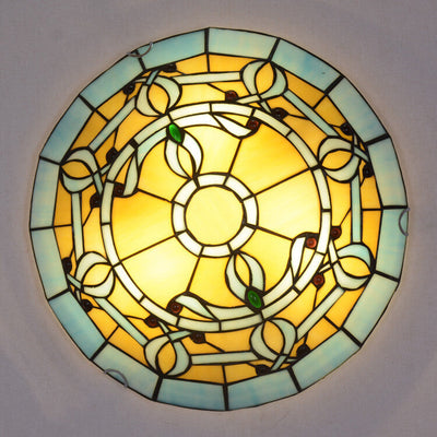 European Stained Glass Tiffany Round Various Pattern Designs 3-Light Flush Mount Light