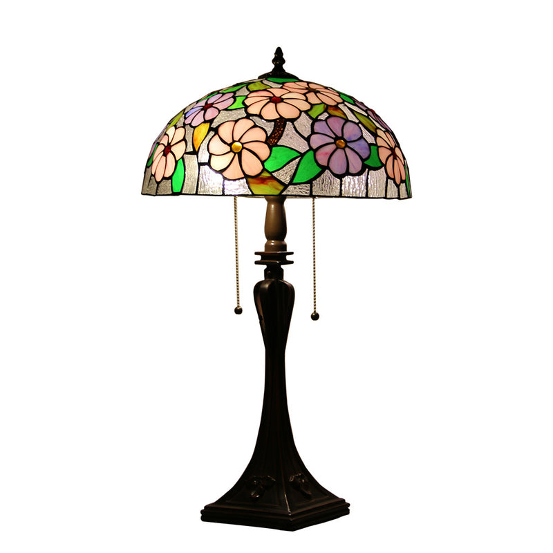 Tiffany-Tischlampe mit zweiflammiger Kuppel aus Buntglas mit Blumenmuster 