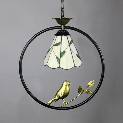 Vintage Tiffany Round Iron Stained Glass Bird 1-Light Pendant Light