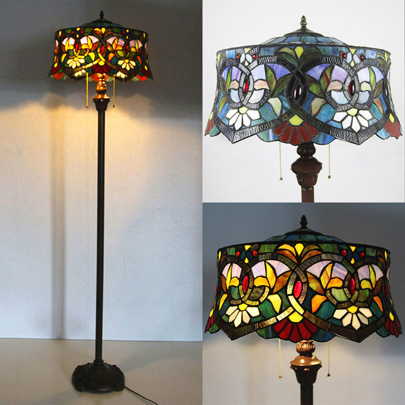 Lámpara de pie de 2 luces con forma de yurta de vidrio teñido de lirio tradicional Tiffany para estudio 