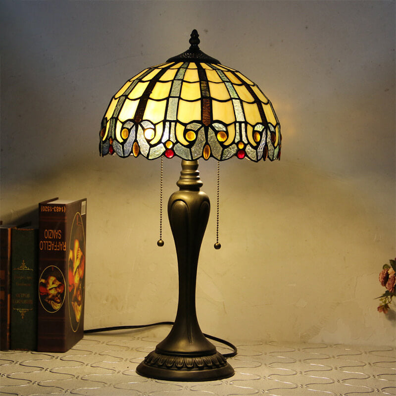 Vintage Tiffany Baroque Stained Glass Dome Pull Cord 1-Light Table Lamp