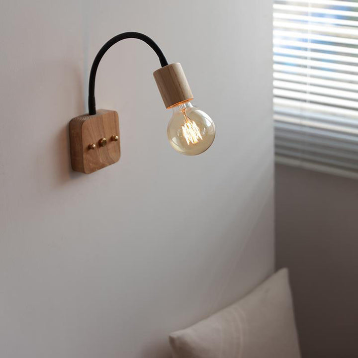 Contemporary Industrial Walnut Oak Wood Hose Adjustable 1-Light Wall Sconce Lamp For Living Room &amp; Bedroom