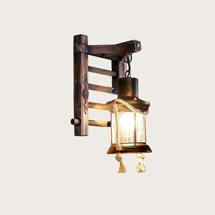 Aplique de pared de 1 luz estilo industrial contemporáneo con lámpara de queroseno, cuerda de cáñamo, base de bambú y cordel de hierro 