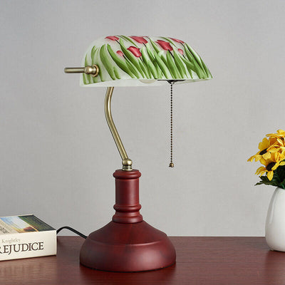 Chinese Vintage Floral Pattern Glass Shade Wood Base 1-Light Table Lamp