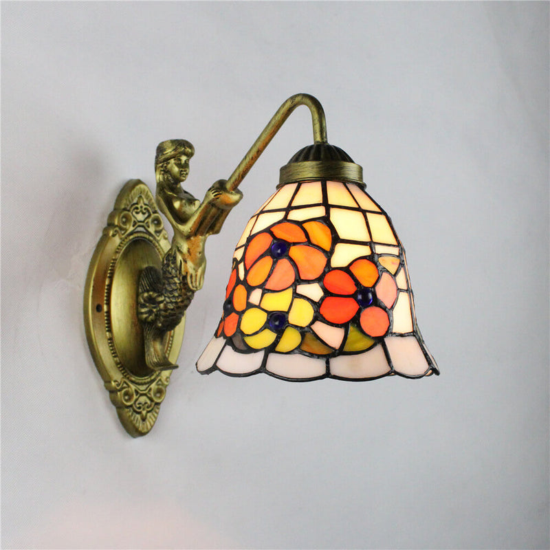Vintage Tiffany Mediterranean Conical Stained Glass 1-Light Wall Sconce Lamp