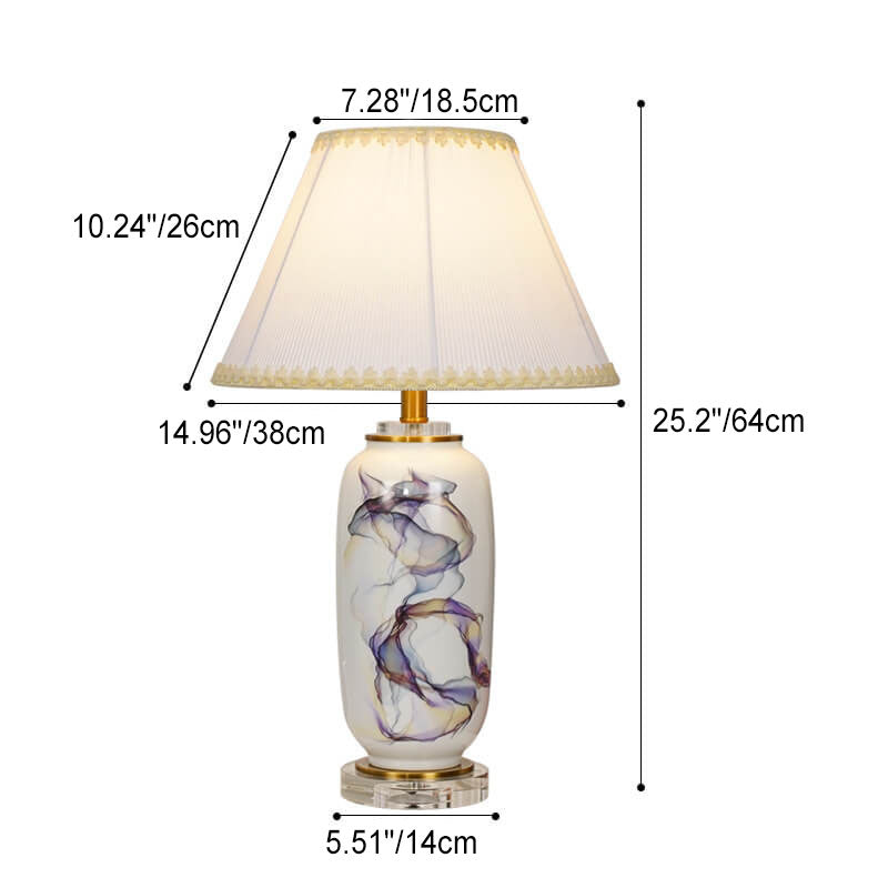 Traditional Chinese Ink Crystal Ceramic Pleated Fabric Column Round 1-Light Table Lamp for Living Room