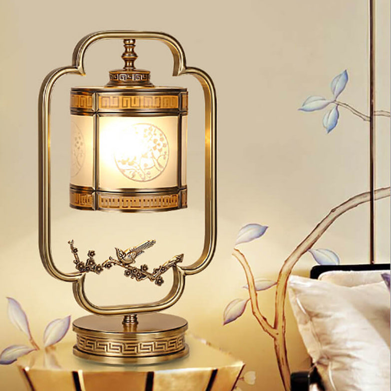 Lampe de table en verre chinois avec une lumière et sculpture en cuivre 