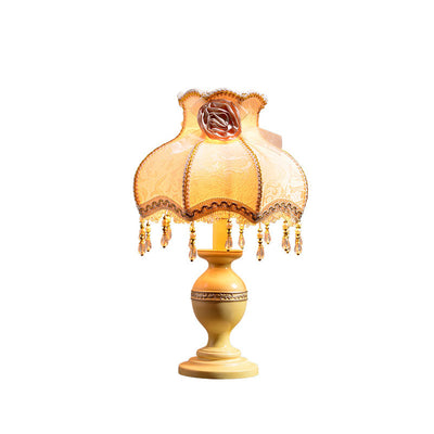 French Rustic Rose Tassel Fabric Resin 1-Light Table Lamp