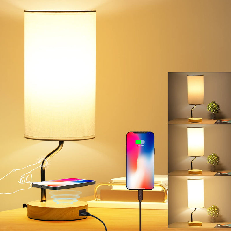 Simple Wooden Fabric Wireless Rechargeable USB 1-Light Touch Dimmable Table Lamp