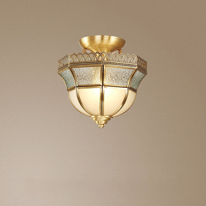 Modern Luxury Glass Brass Bowl Shape Lace Design 1-Light Semi-Flush Mount Ceiling Light