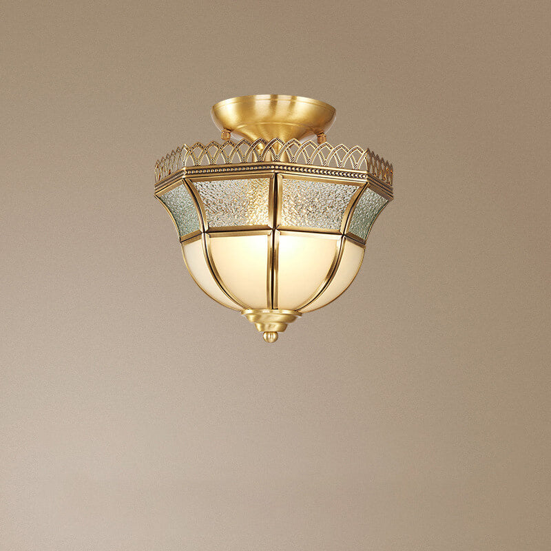 Modern Luxury Glass Brass Bowl Shape Lace Design 1-Light Semi-Flush Mount Ceiling Light