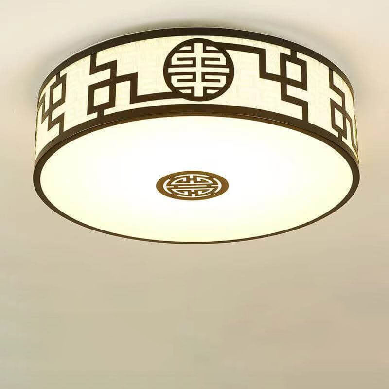 Traditional Chinese Round Fabric Drum LED Flush Mount Ceiling Light For Living Room