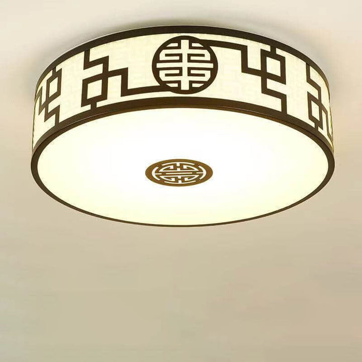 Traditional Chinese Round Fabric Drum LED Flush Mount Ceiling Light For Living Room