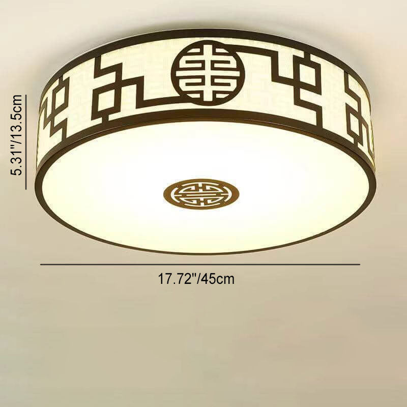 Traditional Chinese Round Fabric Drum LED Flush Mount Ceiling Light For Living Room