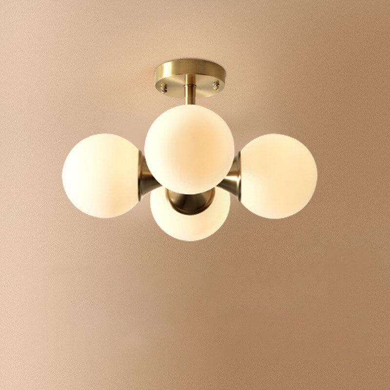 Modern Light Luxury Brass Glass Orb 4-Light Semi-Flush Mount Ceiling Light