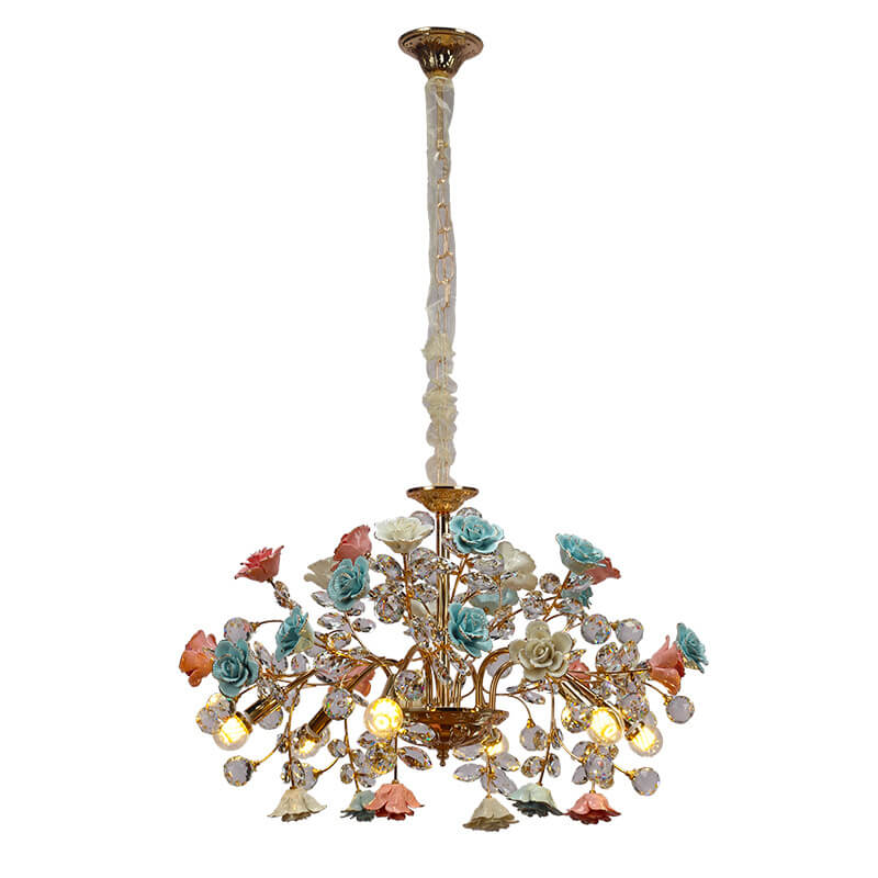 French Creative Colored Rose Iron 6-Light Chandelier